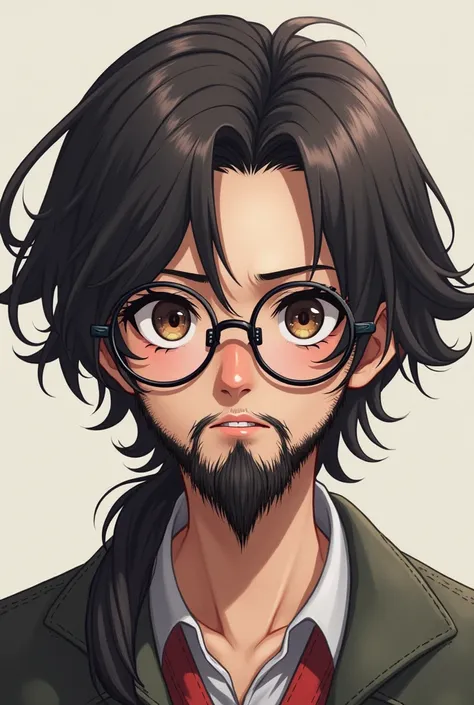 profile photo of a boy with hair below the ear with a traditional beard and anime-style glasses