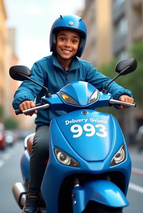 a delivery boy with a blue motorcycle smiling at the screen with the 993 Delivery S logo.a