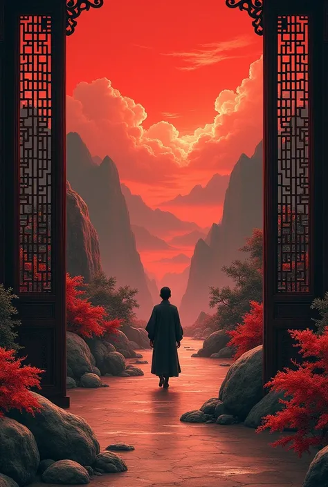 A painting depicting a person walking., With highly detailed classical Chinese doors and plants., a mysterious background, layered sky, red and black, backlight, traditional chinese landscape style, new tradition, oriental style, James Turrell, Plants are ...