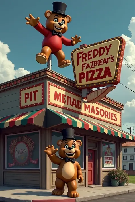 A facade of a pizzeria, the entire pizzeria on the outside with black and white wall colors, the logo of the pizzeria, an anthropomorphic brown bear, a mascot from the 80s, a beige spot on his belly, wearing a black top hat and a black bow tie, the mascot ...