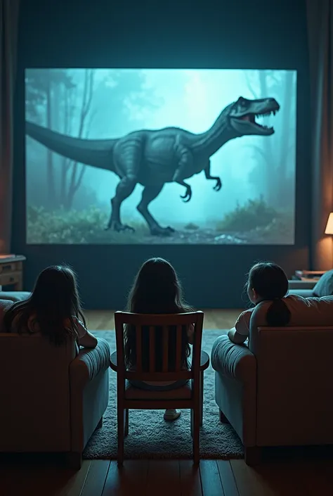 movie screen(a dinosaur in it) and 3 girls being absorbed by the screen but holding on to the chair so as not to be absorbed
