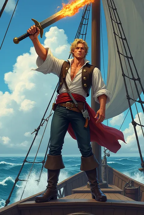 Create a blond male pirate, on the bow of a pirate ship with black masts, with a flaming sword, a pistol in the other hand and a smiling face, anime style knife.