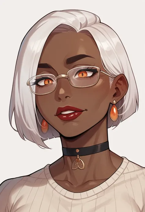 ((masterpiece)), 1woman, adult, milf, muscular body, orange eyes, (glasses), red lipstick, choker, earrings, white hair, short hair, (dark skin:1.8), wearing collarless sweater, close-up on the character