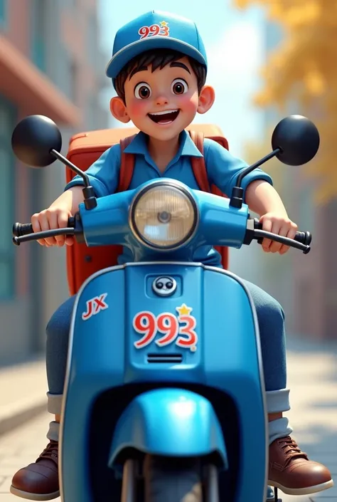 a delivery boy with a blue motorcycle smiling at the screen with the realistic 993 Delivery logo