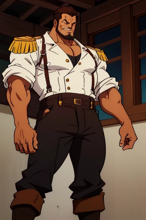 A muscular male character with a confident expression, featuring brown eyes and a smirking mouth. He has short chestnut-colored hair and a dark brown beard, giving him a rugged look. He is wearing an admirals outfit inspired by the style of One Piece, incl...