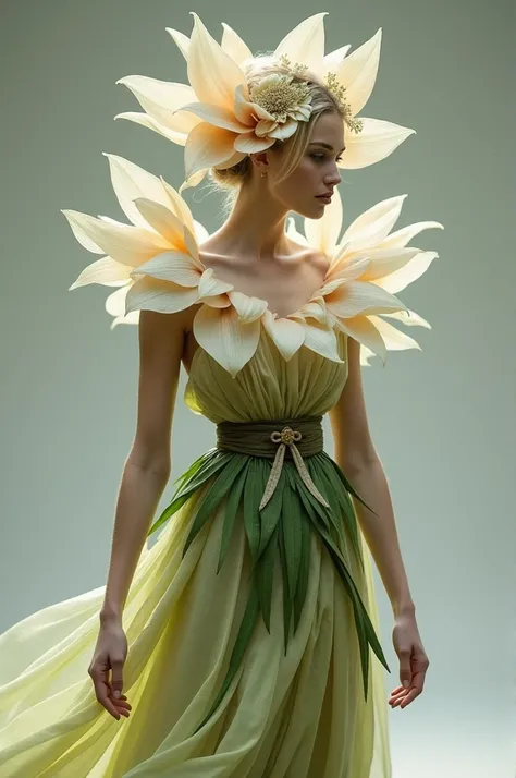 Wind flower suit.

design:

• The body of the costume could simulate the stem of the flower, using green tones, with leaf details around the arms or waist.

• The top or skirt can be designed with layers of petal-shaped fabric, that fall fluidly around the...