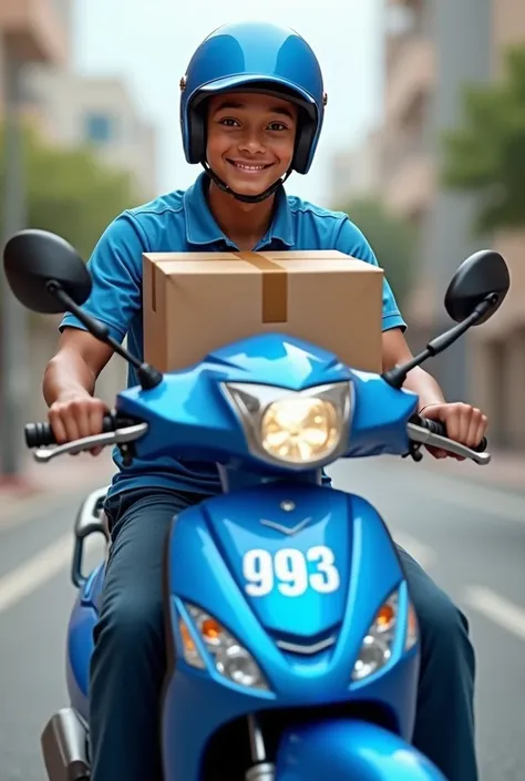 a delivery boy with a blue motorcycle smiling at the screen with the 993 Delivery logo very realistic
