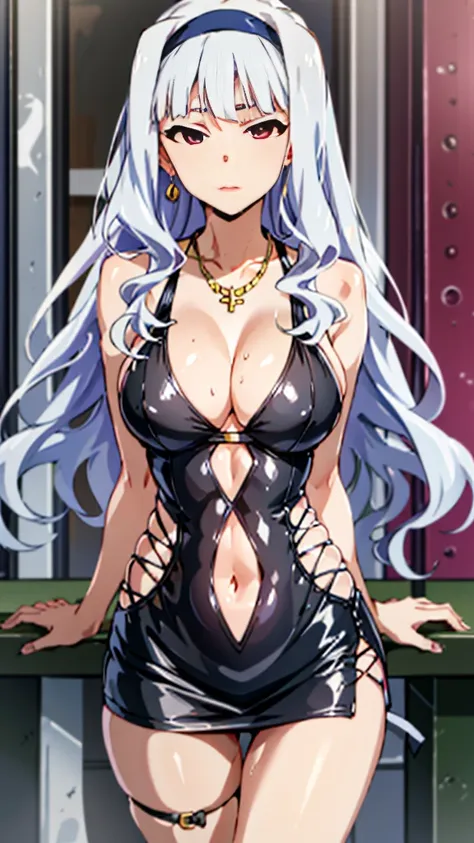 masterpiece, highres, best quality, absurdres, official, 1girl, solo, (shijou takane), grey hair, headband, long hair, (whore outfits), casino, bodycon, microdress, miniskirt, necklace, earring, navel, face focus, sagging breasts, shiny skin