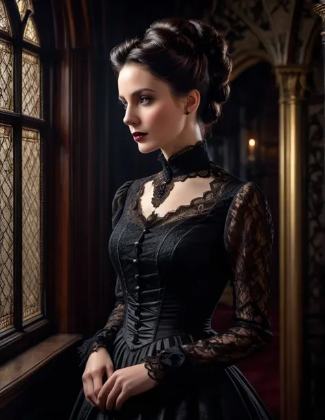 A hyper-realistic portrait of an elegant lady with dark brown hair in an updo, 25 years of age, wearing a dark, gothic twist on a Victorian lace dress, set in a dimly lit Victorian-style room with gothic architecture