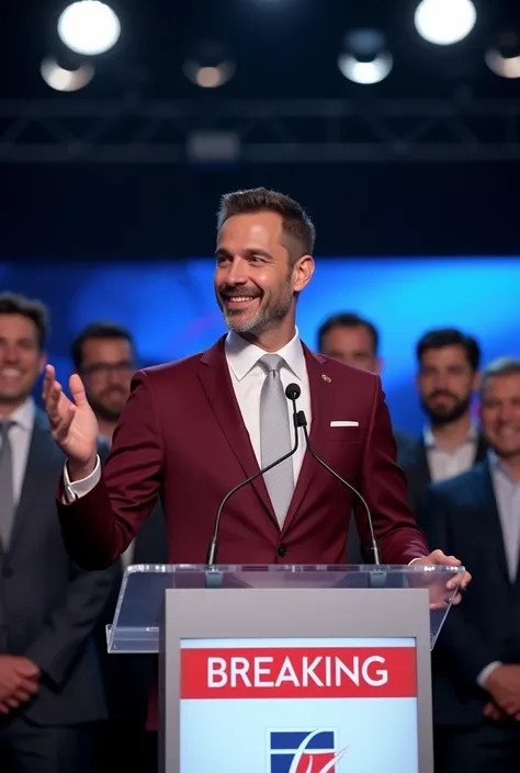 A Ultrarealistic image, mayor in a speech on open TV, talking, the candidate is a very skinny man with short brown hair and beard, Arabic origin, dark red suit and white tie, Symbol of physiotherapy, big smile and waving, image from a TV camera, political ...