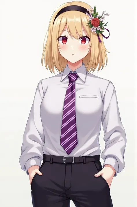 Anime character has black pants, a shirt with a purple stripe that looks like a tie, has blonde hair with a flower headband, has red eyes and is serious and is cardigan-colored