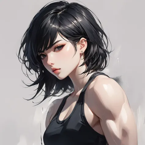 anime girl with short black hair, guweiz, beautiful anime portrait, artwork in the style of guweiz, tomboy, skimpy, muscles, cool, black hair, black eyes