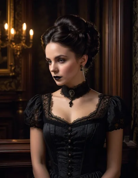 A hyper-realistic portrait of an elegant lady with dark brown hair in an updo, 25 years of age, wearing a dark, gothic twist on a Victorian lace dress, set in a dimly lit Victorian-style room with gothic architecture