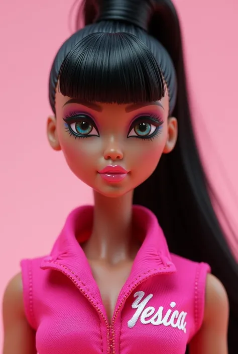 A bratz doll with black hair and all her hair is tied up in a bun and bangs, she has light honey-colored skin, she is wearing a fiery pink jumper that has her name on it "Yesica".
You can see the doll from the navel up