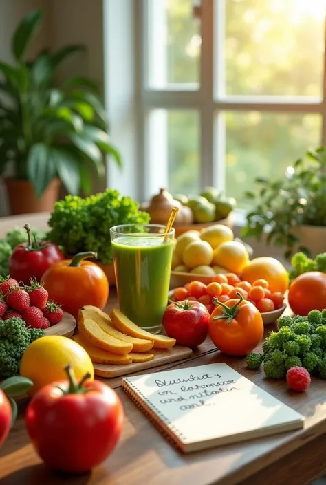 A table full of healthy food, like fresh fruit, colorful vegetables and balanced dishes. In a corner, a notebook with nutrition tips and a featured green smoothie. The composition should inspire a healthy life, with natural lighting and a welcoming atmosph...