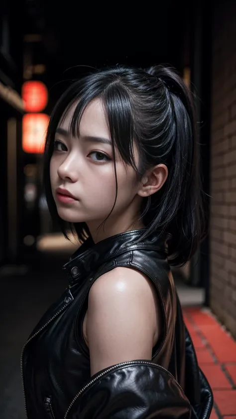 A low angle shot of the same young Japanese woman, now with a fierce expression, dressed in a black leather jacket over her kimono, standing defiantly in a dark alley. The atmosphere is dramatic with strong contrasts of red and black illuminating her deter...