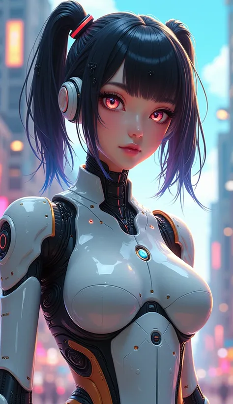 Jenny is  a cute cyborg female robot. Jenny has brown skin  . appearance is a shiny white metallic color with glowing accents, Jenny hair style is two side ponytails thsts different colors with bangs . Hair eyes and hair has a glowing shiny visual effect. ...