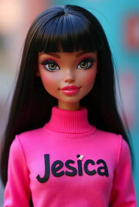 A bratz doll with black hair and all her hair tied in a bob and bangs, she has light honey-colored skin, she wears a fire pink sweater that has her name "Jesica" on it.
The doll can be seen from the navel up