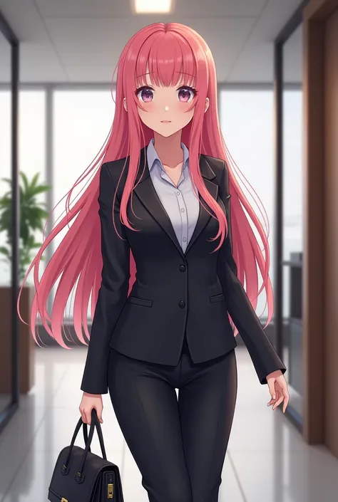 Cute girl japan with pink long hair at the office with full suit black and bring handbag
