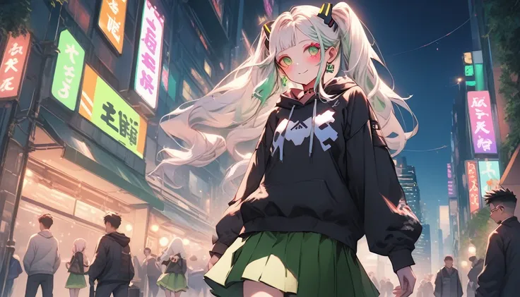 anime goddess, 8k, masterpiece, photo-realistic, detailed face, detailed eyes, detailed lips, detailed hair, white hair, long hair, pigtails, black hoodie, green skirt, cyberpunk city, tokyo night scene, neon lights, futuristic architecture, dramatic light...