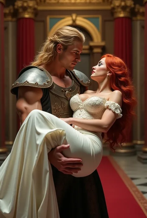 man with yellow hair  , green eyes , carrying the woman in his arms , hallway of a royal castle Red-haired queen , with a low-cut white dress , simple,  and blue eyes, breasts, Big breasts, fainted ,