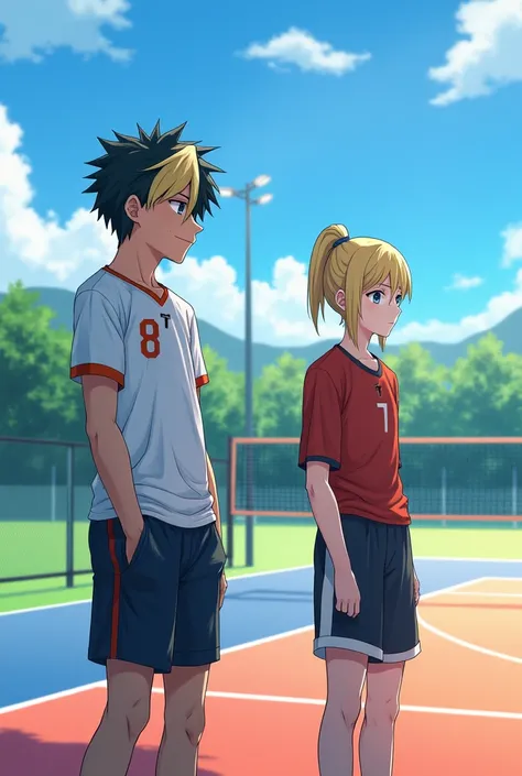 ((fully clothed))high res, masterpiece,Kenma Kozume, ((1boy,)) ((1man)), black_hair (blonde_hair) looking_to_the_side male_focus multicolored_hair,solo sportswear sweat sweatdrop twitter_username tying_hair upper_body volleyball_uniform  yellow_eyes, detai...