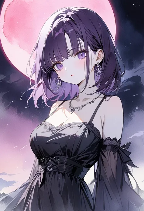 a girl with dark purple hair,hime cut,medium hair,albino with くすんだピンクの目, cold eye, wearing a black gothic  dress,Frill,frontal view,earrings, necklaces,midnight, moonlight,(pink moon),breasts, pale skin tone, watercolor style, (best quality,4k,8k,highlees,...