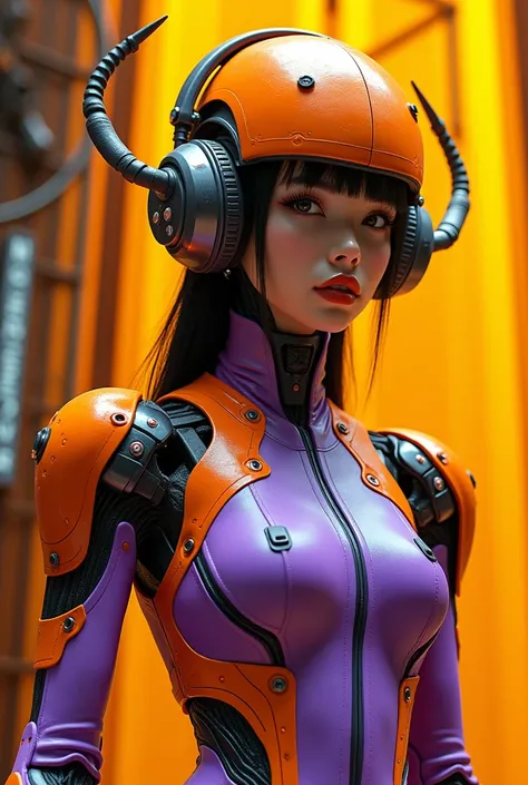 This image presents a futuristic, cyberpunk take on a robotic Korean woman. The design combines organic and mechanical elements into a striking and bold aesthetic. The figure wears a skin-tight suit in bright purple and orange, with visible mechanical pane...