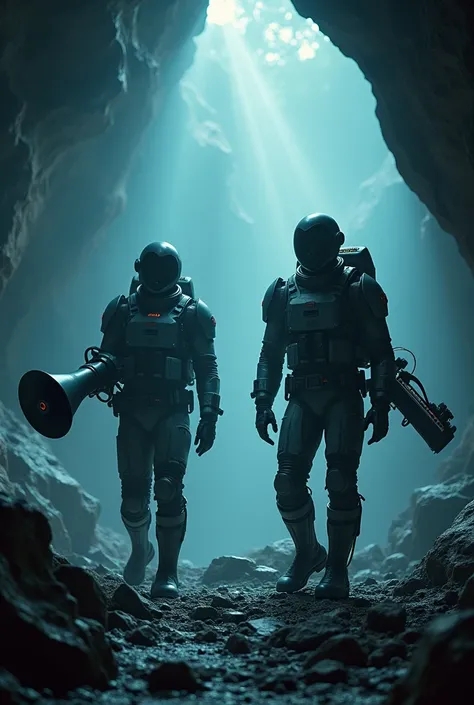 (Ultra high definition, dark, Delicate) Light streams from a dark cave with speakers rising from it.. In it, Two men in cyborg space suits and a helmet standing, One is holding a huge megaphone and the other is holding a large synthesizer.