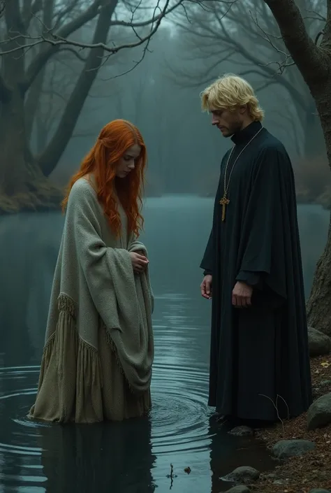 A red-haired girl walking into a dark lake with a blanket around her, a blond man with a crucifix around his neck looking at her 