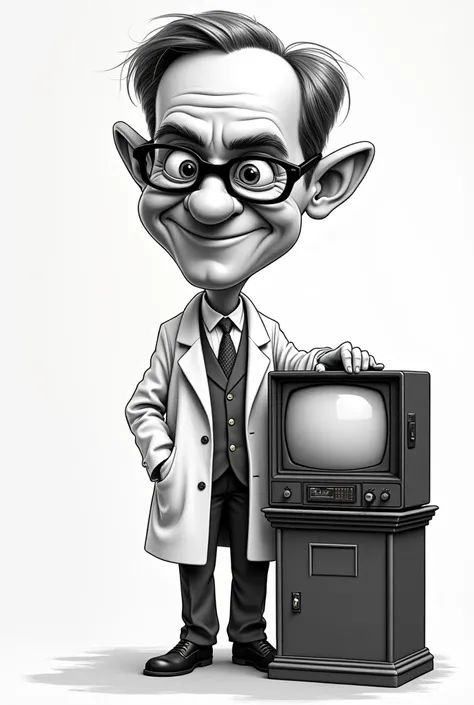 Crea una caricatura de philo farnsworth con un televisor a blanco y negro 