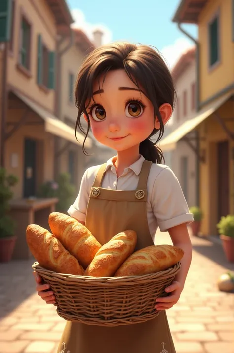 Girl selling bread with her apron and basket