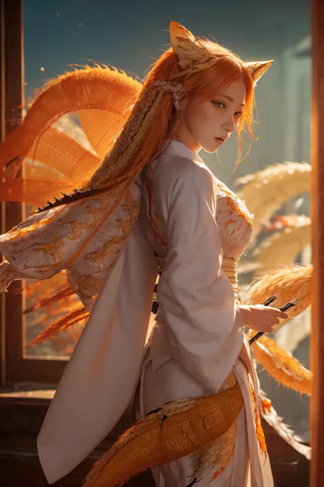 ((Glamour)), Concept Art, Natural Light, 4K, High definition, ((Nine-tailed fox:1.6)), Big Breasts, kimono,  ((Horror Taste:1.3)), moonlight, ((Realistic)), Fluffy tail, Heian-kyo