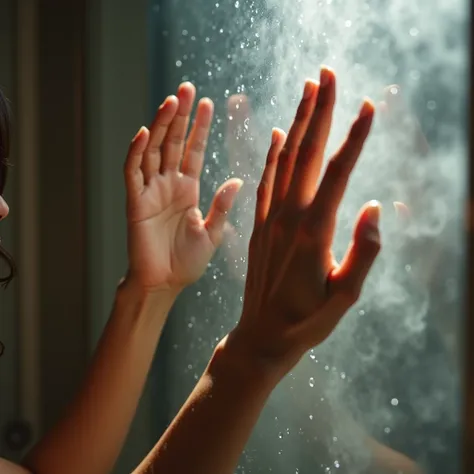 Create an image of a carmel womans hands in a luxury shower: steam foggying up the glass: her hands are on the glass. Zoomed out view. Showing just her hands: 