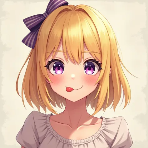 One girl, smile, Blushing, Blonde, Shortcuts, Bangs between the eyes, Open your mouth a little, Purple eyes, Sticking out tongue, Best Quality, Textured skin, Large Breasts, Droopy eyes, ribbon, 