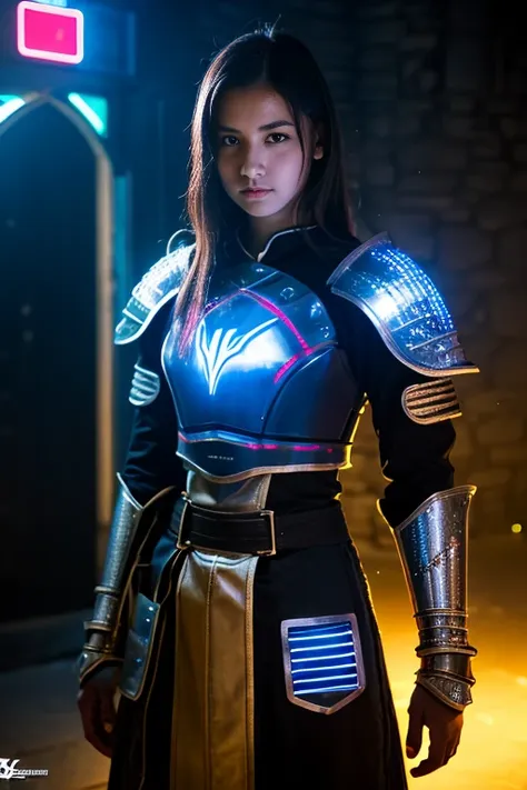 a beautiful young woman, knight, armor without helmet, neon details, rgb lights on, robe, hud visor on, / light sword, energy sw...