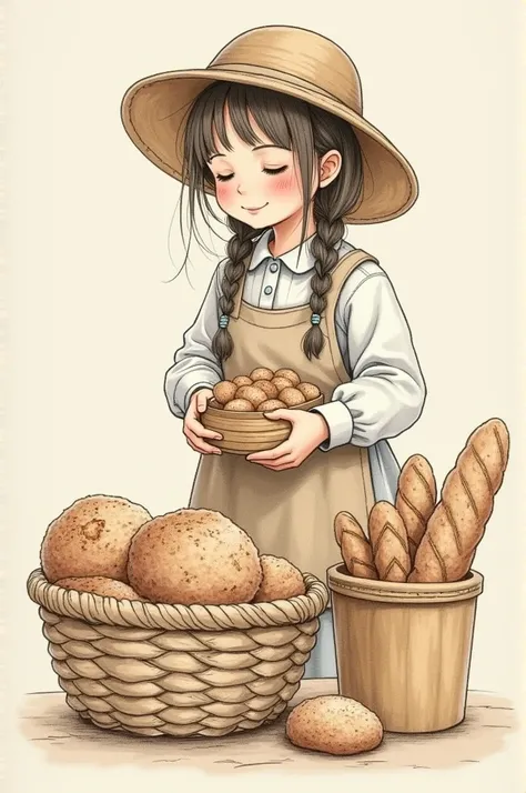 Girl in drawing selling bread with her apron