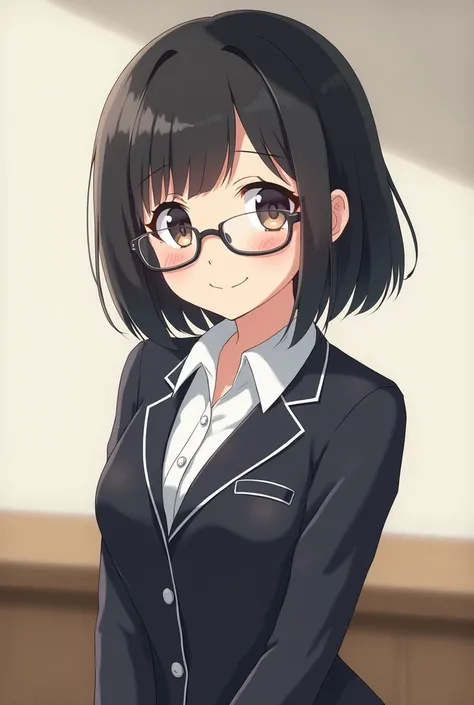 An anime-style girl with short black hair and glasses and a teacher&#39;s outfit 
