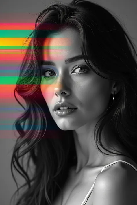 colorful liner gradients overlaid on top of monochrome photo of beautiful woman with opacity 0.8 Masterpiece, high resolution, in detail, Textured leather, Ultrahigh definition, Very detailed, quality, 