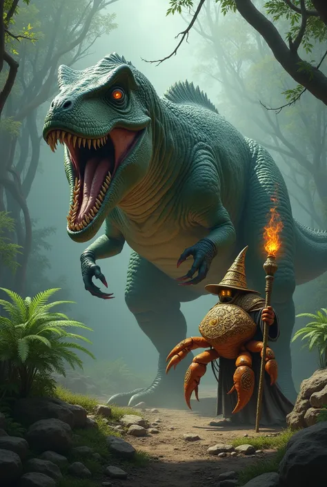 Dinosaur with crab wizard 