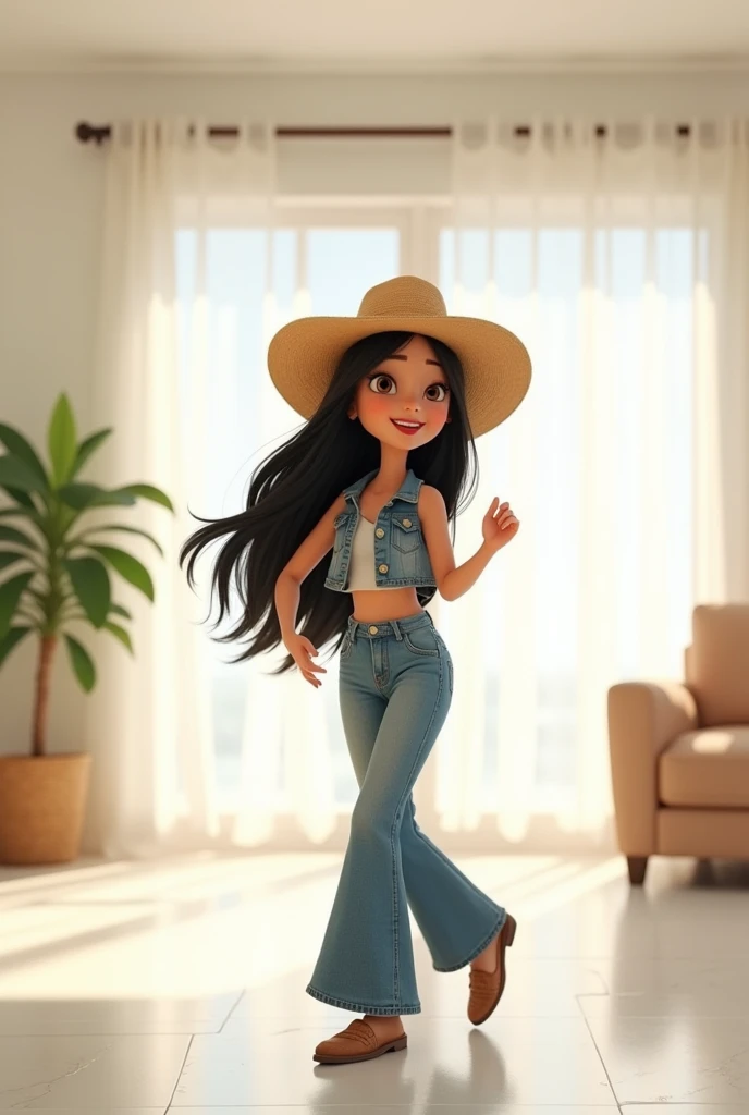 Girl in her 20’s. Very long straight black hair. Wearing cropped buttoned jean fabric sleeveless vest and long jeans with natural straw hat. Dancing cowboy song at her all white modern apartment. Pixar style

