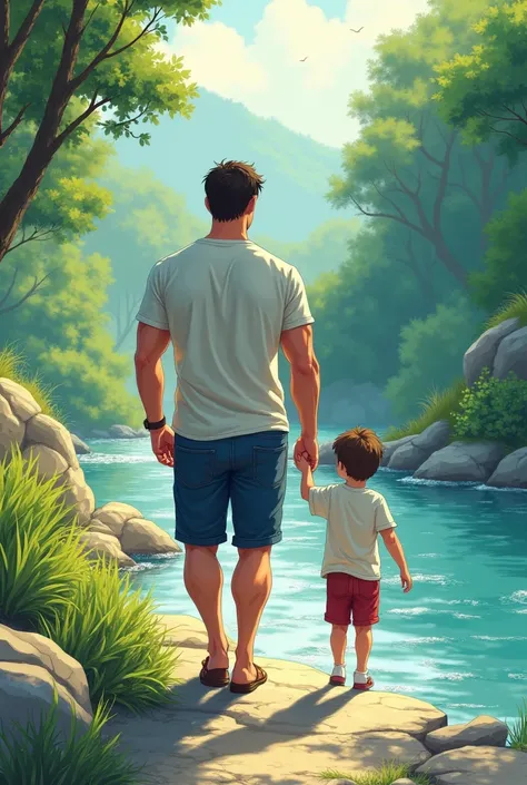 A young man with his son, The young man was muscular in a shirt and his  son was tender, They were walking near a manga-style river 