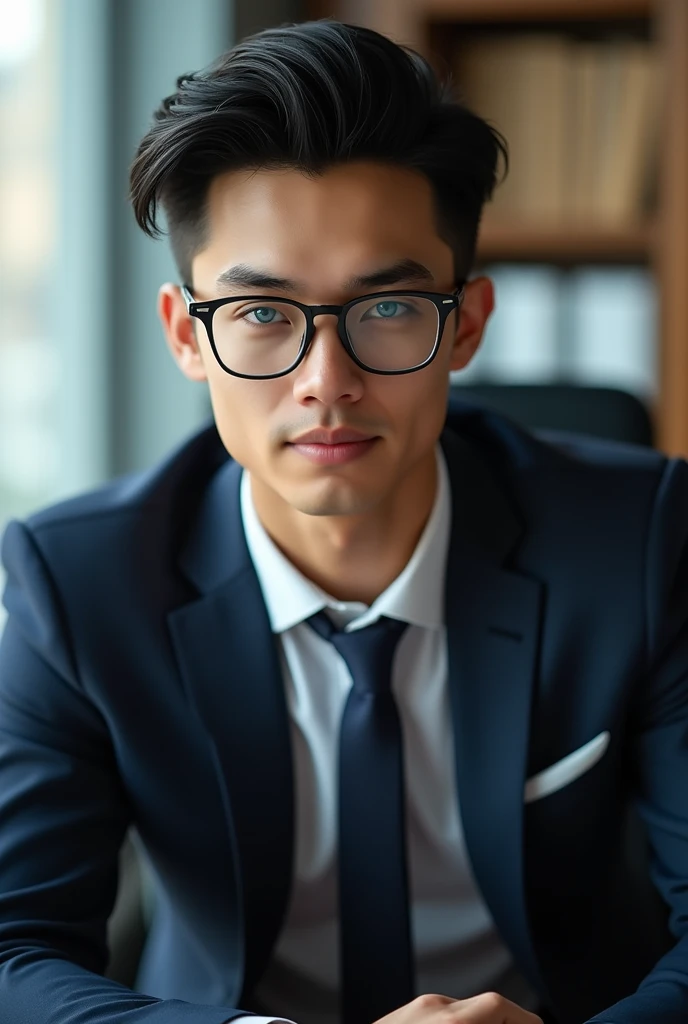 Young man in his twenties, thin, wearing glasses, black hair, blue eyes, tall, wearing a formal suit, handsome, a mischievous look in his eyes, sitting in an office, blurry background, realistic image, minute