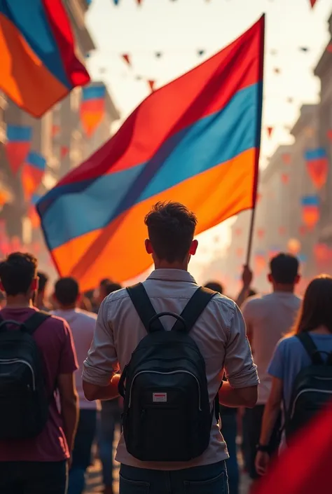 Create an image for me that represents Armenia, featuring the Armenian flag, related to the theme of Independence on September 21. Include a male photographer in the scene.

