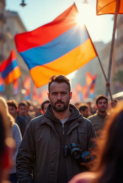 Create an image for me that represents Armenia, featuring the Armenian flag, related to the theme of Independence on September 21. Include a male photographer in the scene.

