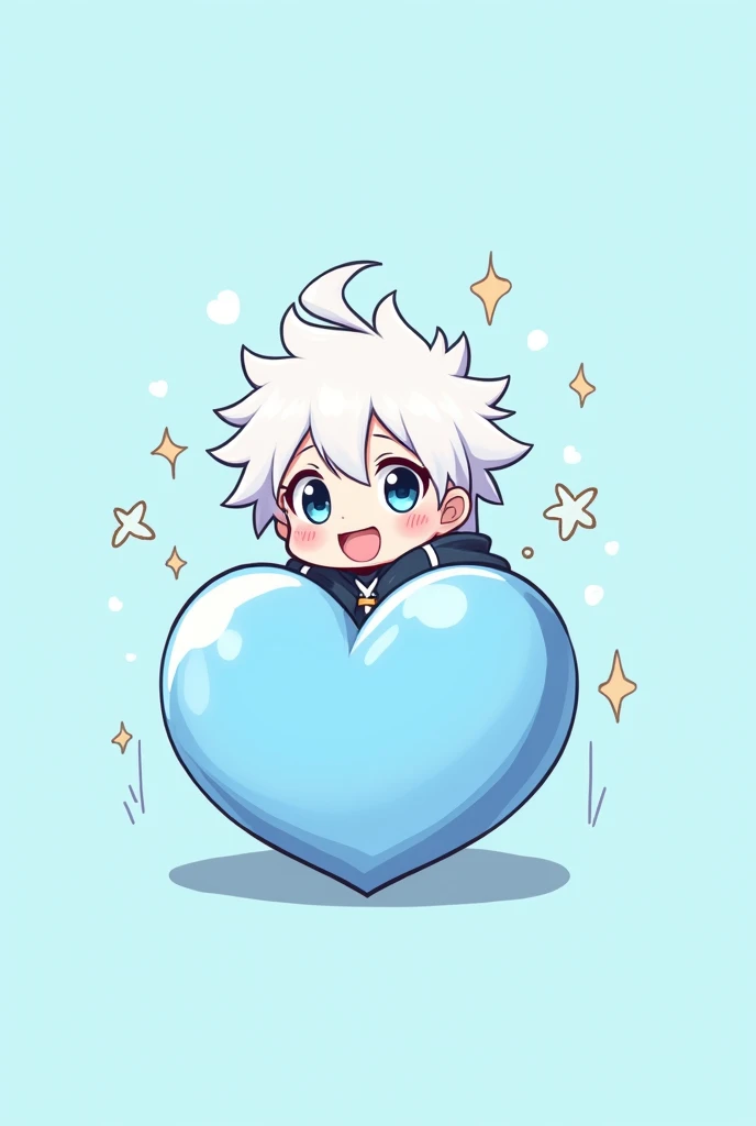 Create a white haired chibi anime male image with HeartSteal and small patriarch text, The main color is light blue for the heart.