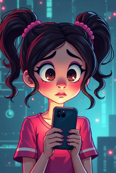 Create teenage vanellope with system glitch ,sad with a cell phone in his hand 