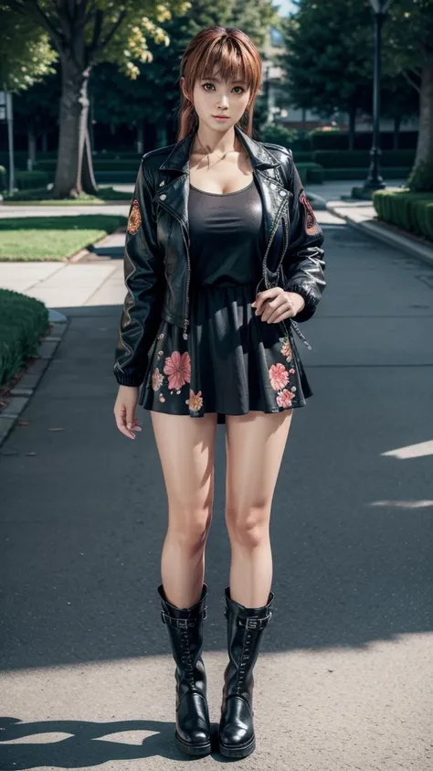 Kasumi, wearing a black jacket and a short floral dress underneath, wearing black boots, full body photo. 