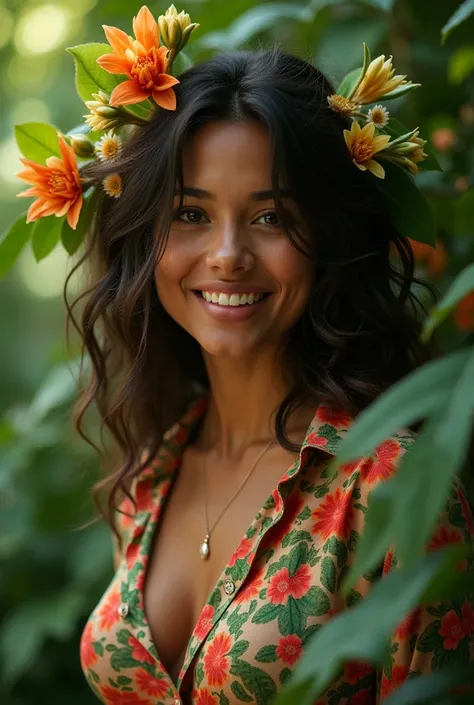 A Brazilian woman in a lush tropical garden, wearing an open shirt with a floral print, with a close-up capturing the harmonious beauty between her breasts and the natural flowers, showing off your natural charm and outgoing personality.