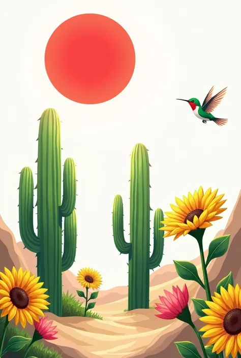 A desert scene with a white background, where there is a big green cactus in the center. Near the cactus, some anime style sunflowers stand out, with vibrant yellow petals and delicate details. in the sky, a bright red sun appears over the landscape. A lit...